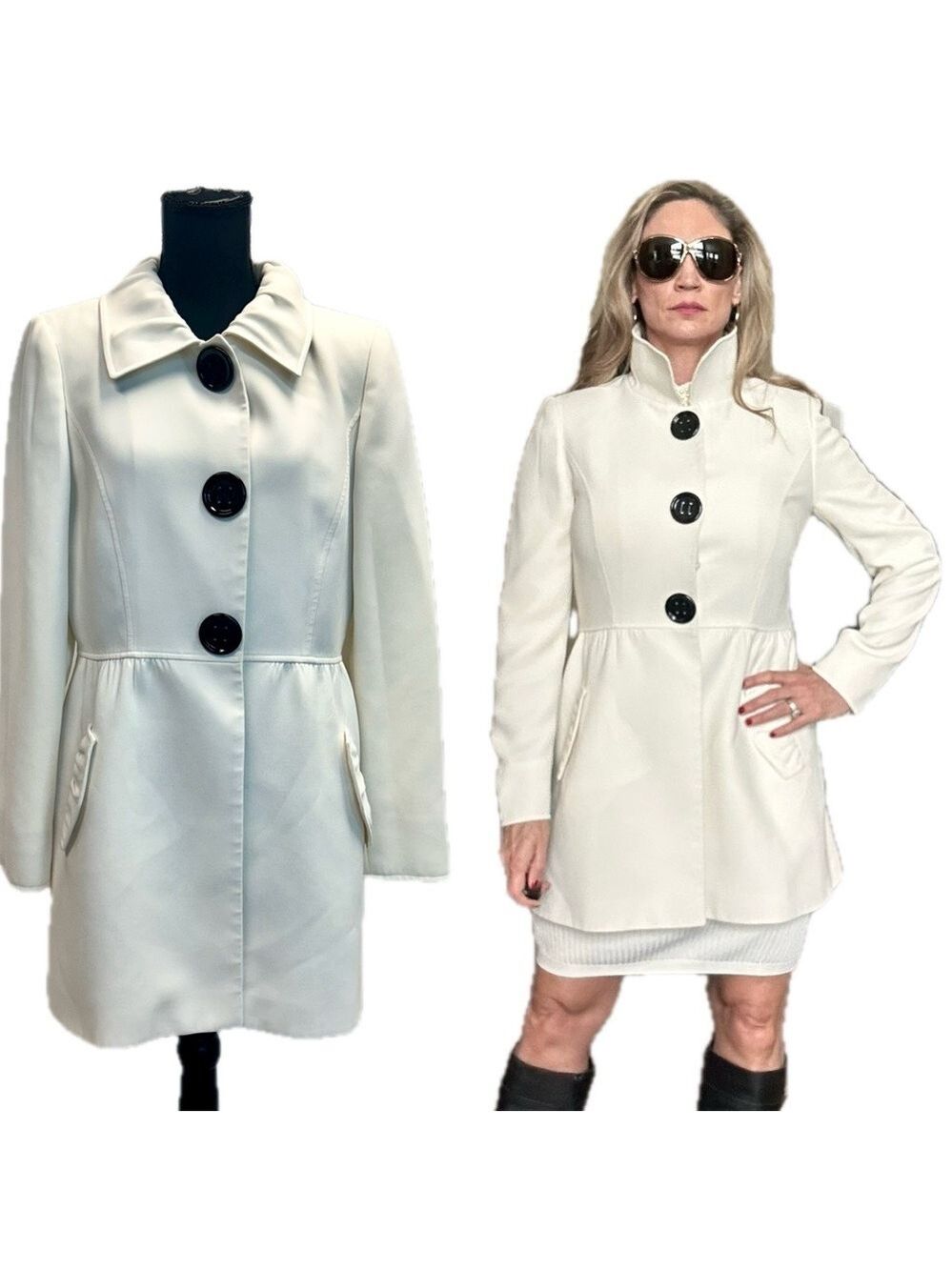 Tahari Arthur S. Levine ivory white midi coat long sleeves big button front 8